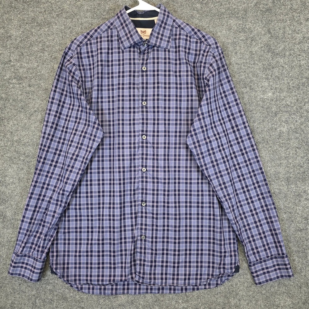 Hickey Freeman Shirt Men Medium Blue Plaid Long Sleeve Cotton Casual Button Down